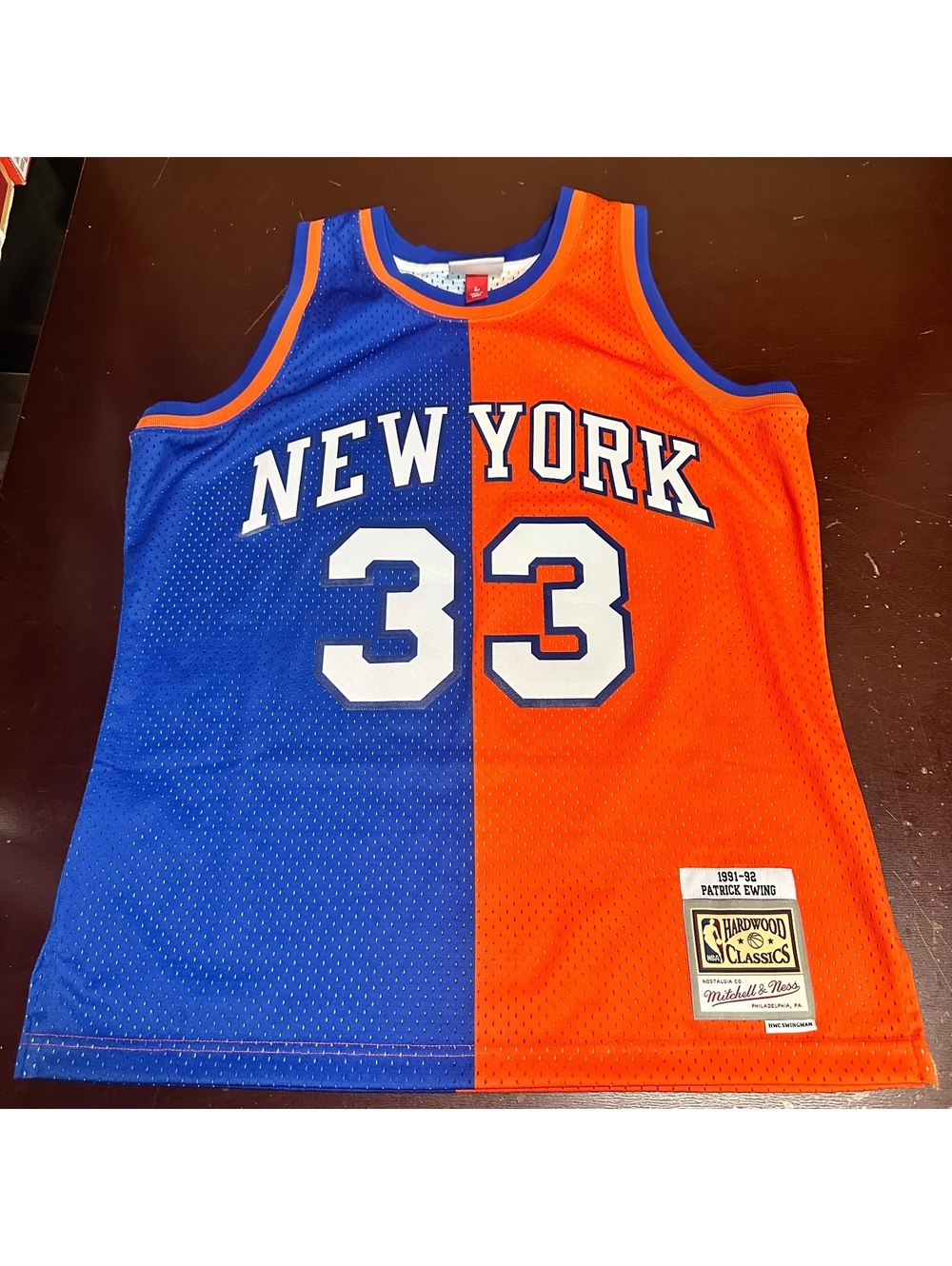 New York Knicks Orange Blue Patrick Ewing Mitchell & Ness split Jersey LARGE